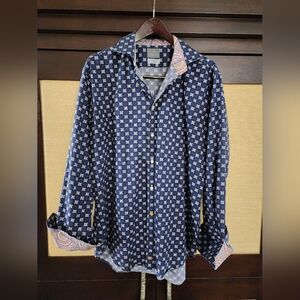 Thomas Dean Geometric Print Button Down Shirt XL Paisley Trim Cotton